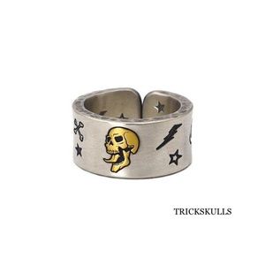 Silver Stainless Laughing Skull Etched Adjustable Open Ring Size 7-11 New!